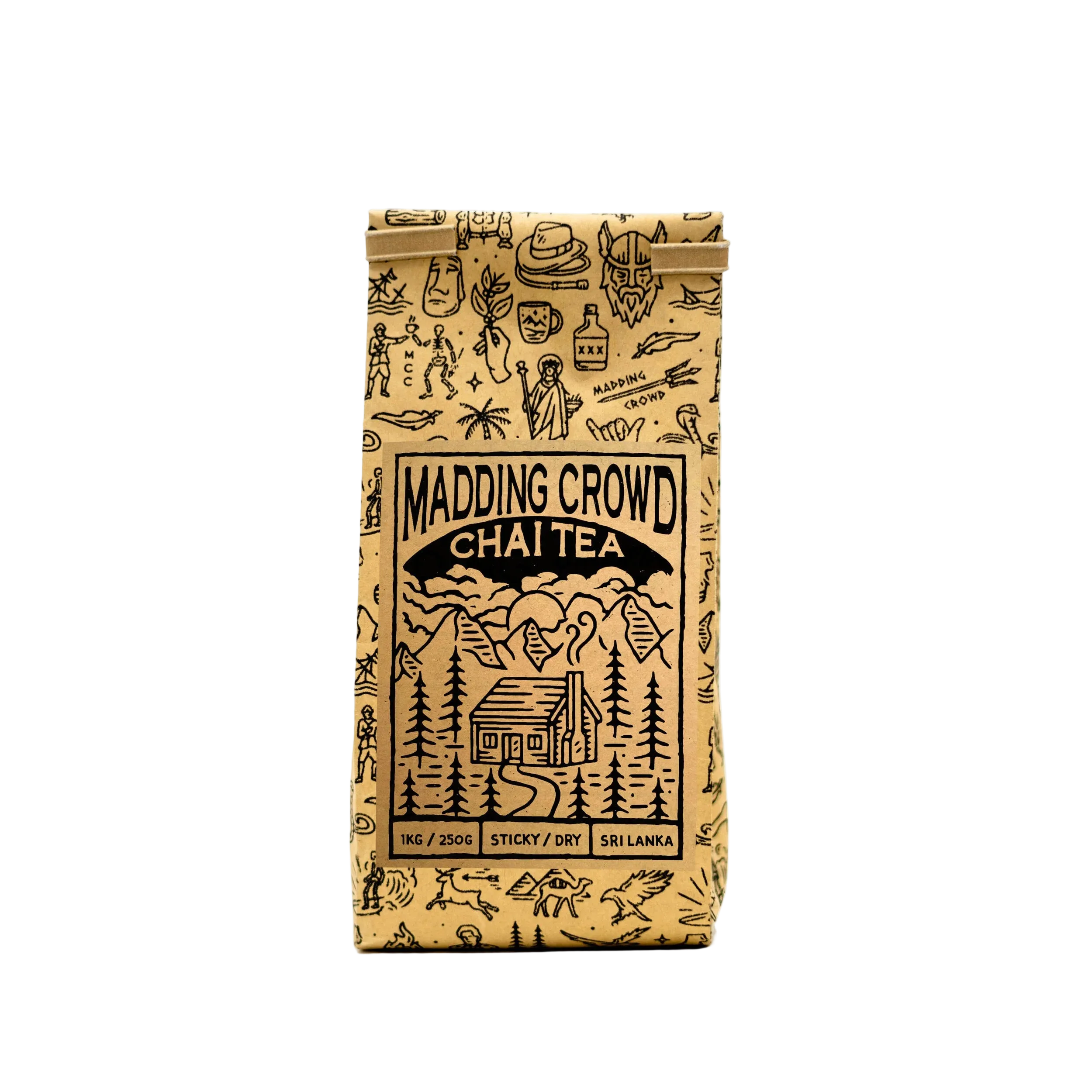 Madding Crowd Chai Tea package with illustrations on a white background